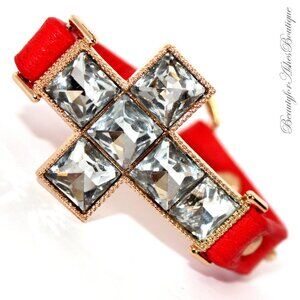 Curved Square Crystal Cross with Goldtone Accented Red Bracelet